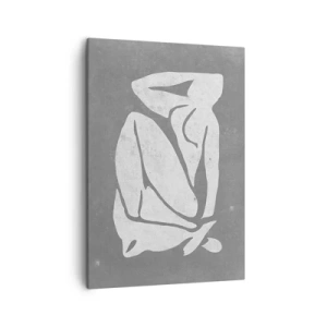 Obraz na płótnie - Minimalistyczna sylwetka kobiety w pozycji zamyślenia na szarym tle - 50x70cm - W zamyśleniu - Nowoczesna dekoracja ścienna do salonu, kuchni i sypialni ARTTOR