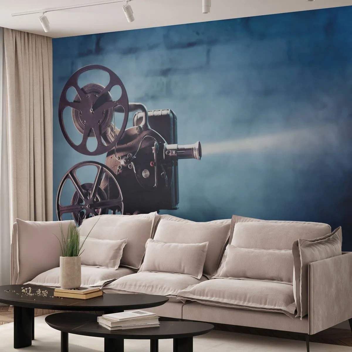 Fototapeta Premium Sand - Stary projektor filmowy rzucający światło na ścianę - 100x70cm - W starym kinie - Nowoczesna dekoracja ścienna do salonu, kuchni i sypialni ARTTOR