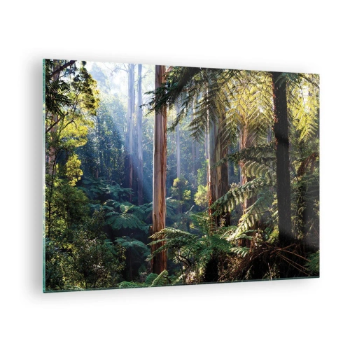 Obraz na szkle - Zielony tropikalny las z promieniami słońca - 70x50cm - Baśń lasu - Nowoczesna dekoracja ścienna do salonu i sypialni ARTTOR
