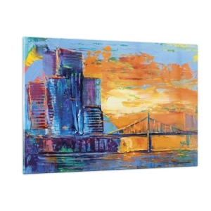 Obraz na szkle - Kolorowe miasto i most w blasku zachodzącego słońca - 120x80cm - Kultura i natura - Nowoczesna dekoracja ścienna do salonu, kuchni i sypialni ARTTOR
