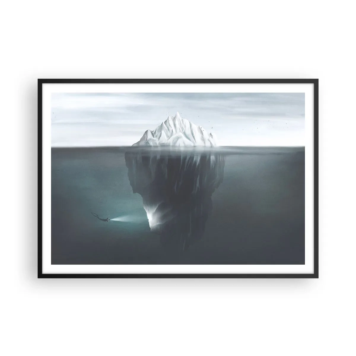 Plakat w czarnej ramie - Góra lodowa w wodzie z nurkiem i reflektorem pod powierzchnią - 100x70cm - Podwodna tajemnica - Nowoczesna dekoracja ścienna do salonu i sypialni ARTTOR