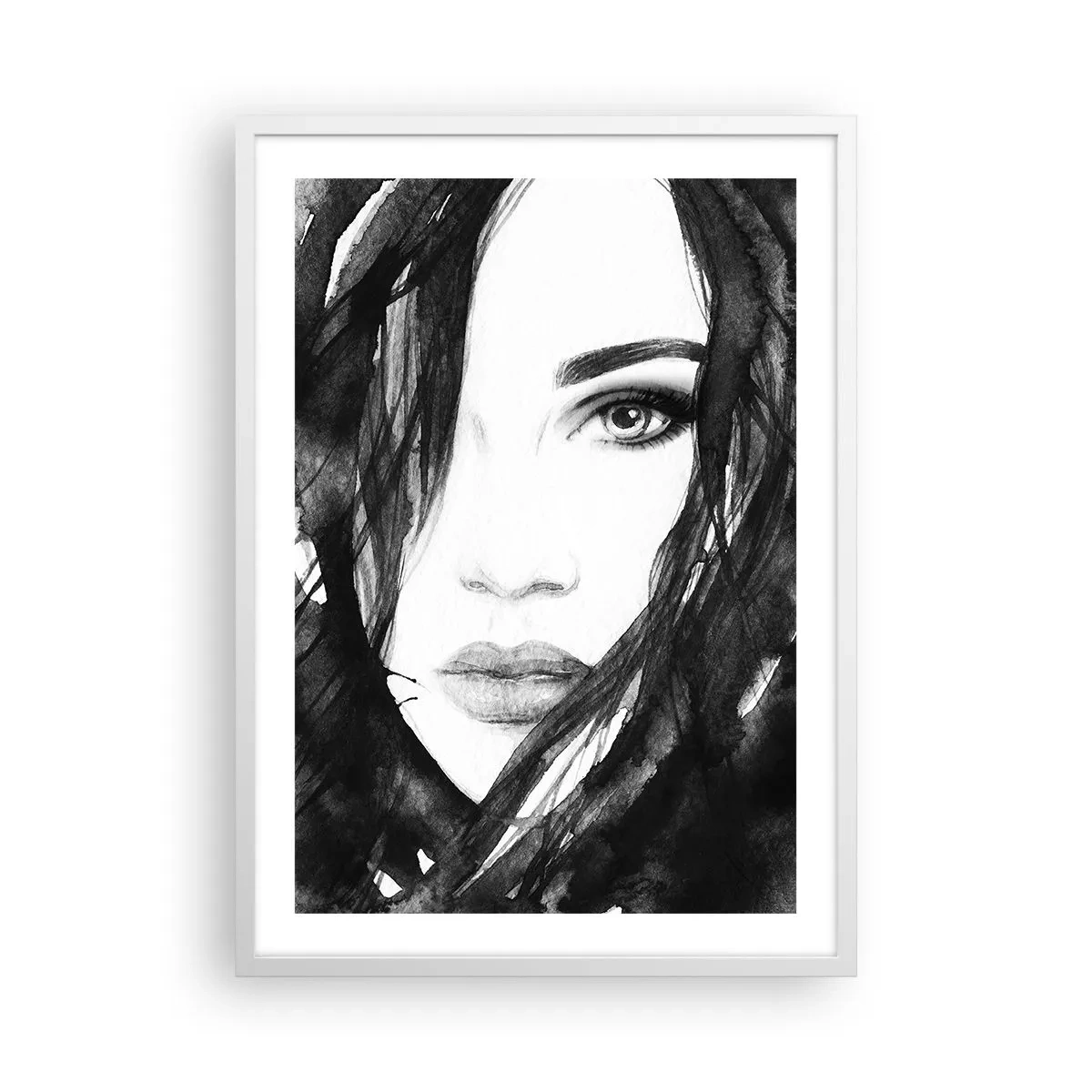 Plakat w białej ramie - Portret damy w czerni i bieli - 50x70 cm