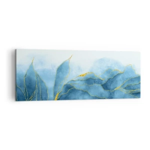 Obraz na płótnie - Abstrakcyjne fale w odcieniach niebieskiego ze złotymi akcentami - 140x50cm - Błękit w złocie - Nowoczesna dekoracja ścienna do salonu i sypialni ARTTOR