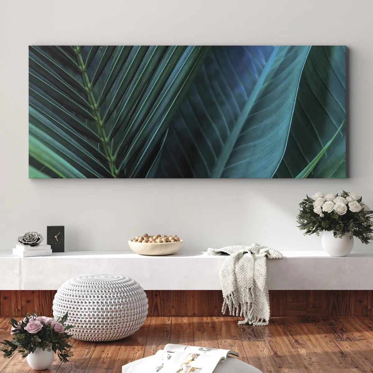 Obraz na płótnie - Zbliżenie na tropikalne zielone liście - 160x50cm - Anatomia zieleni - Nowoczesna dekoracja ścienna do salonu i sypialni ARTTOR