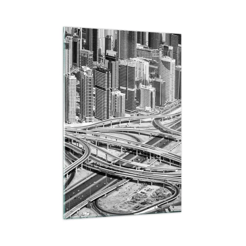 Obraz na szkle - Widok na Dubaj z perspektywy lotu ptaka - 70x100cm - Dubaj – miasto niemożliwe - Nowoczesna dekoracja ścienna do salonu i sypialni ARTTOR