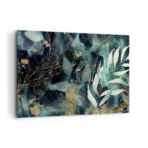 Obraz na płótnie - Eleganckie liście na ciemnym tle z złotymi akcentami - 100x70cm - Zaczarowany ogród - Nowoczesna dekoracja ścienna do salonu, kuchni i sypialni ARTTOR