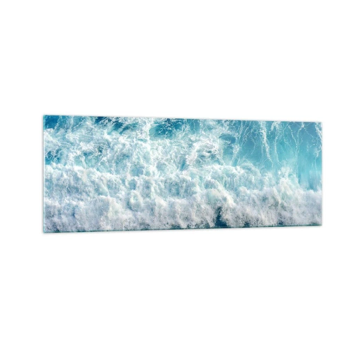 Obraz na szkle - Dynamiczne fale oceanu w odcieniach błękitu - 140x50cm - Radośnie i w podskokach - Nowoczesna dekoracja ścienna do salonu i sypialni ARTTOR