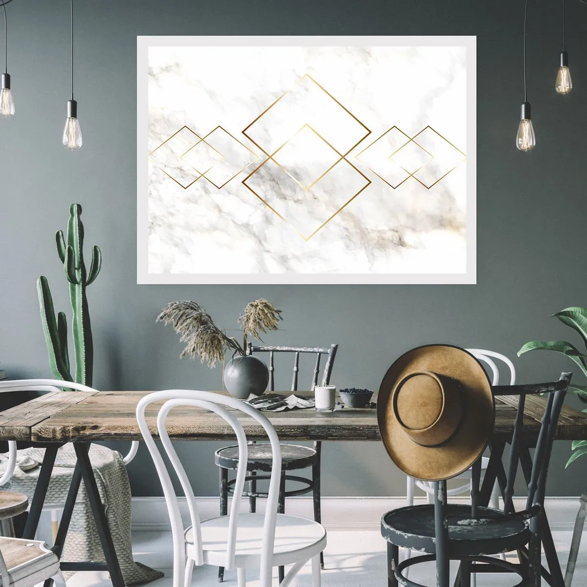 Plakat - Minimalistyczne złote romby na marmurowym tle - 100x70cm - Widok na nieskończoność - Nowoczesna dekoracja ścienna do salonu i sypialni ARTTOR
