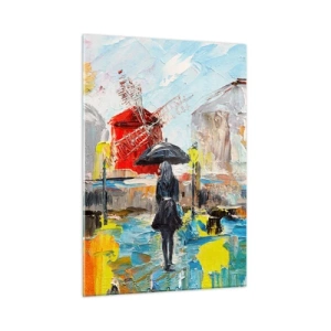 Obraz na szkle - Kobieta z parasolem na tle miasta w stylu impresji - 50x70cm - Paryskie legendy - Nowoczesna dekoracja ścienna do salonu, kuchni i sypialni ARTTOR