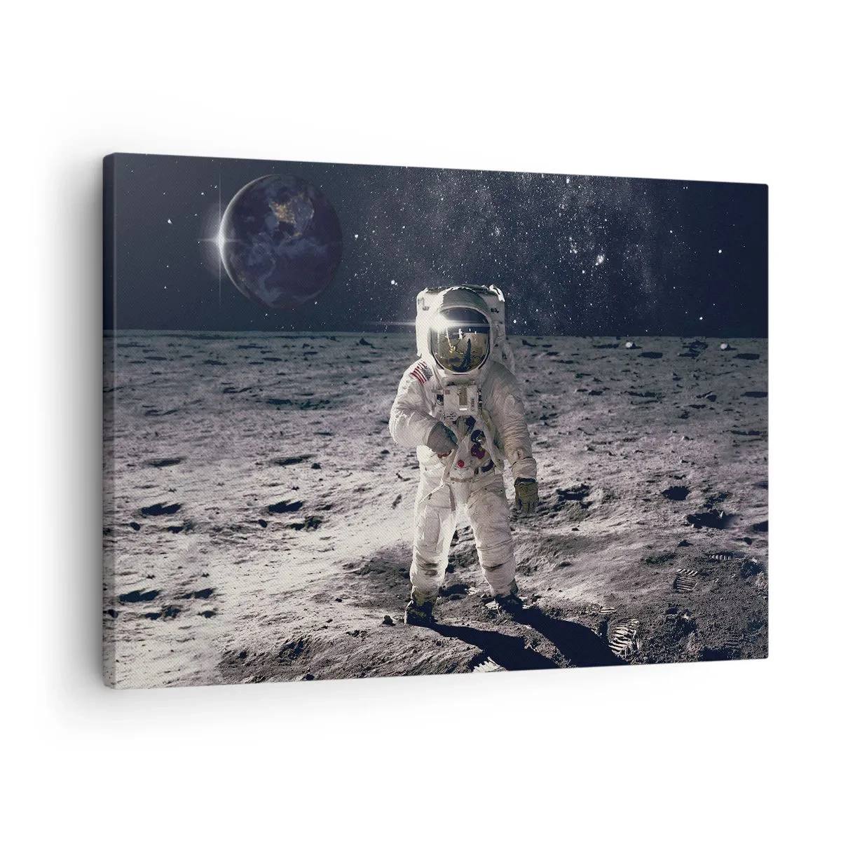 Obraz na płótnie - Astronauta na powierzchni Księżyca z Ziemią w tle - 70x50cm - Pozdrowienia z Księżyca - Nowoczesna dekoracja ścienna do salonu i sypialni ARTTOR