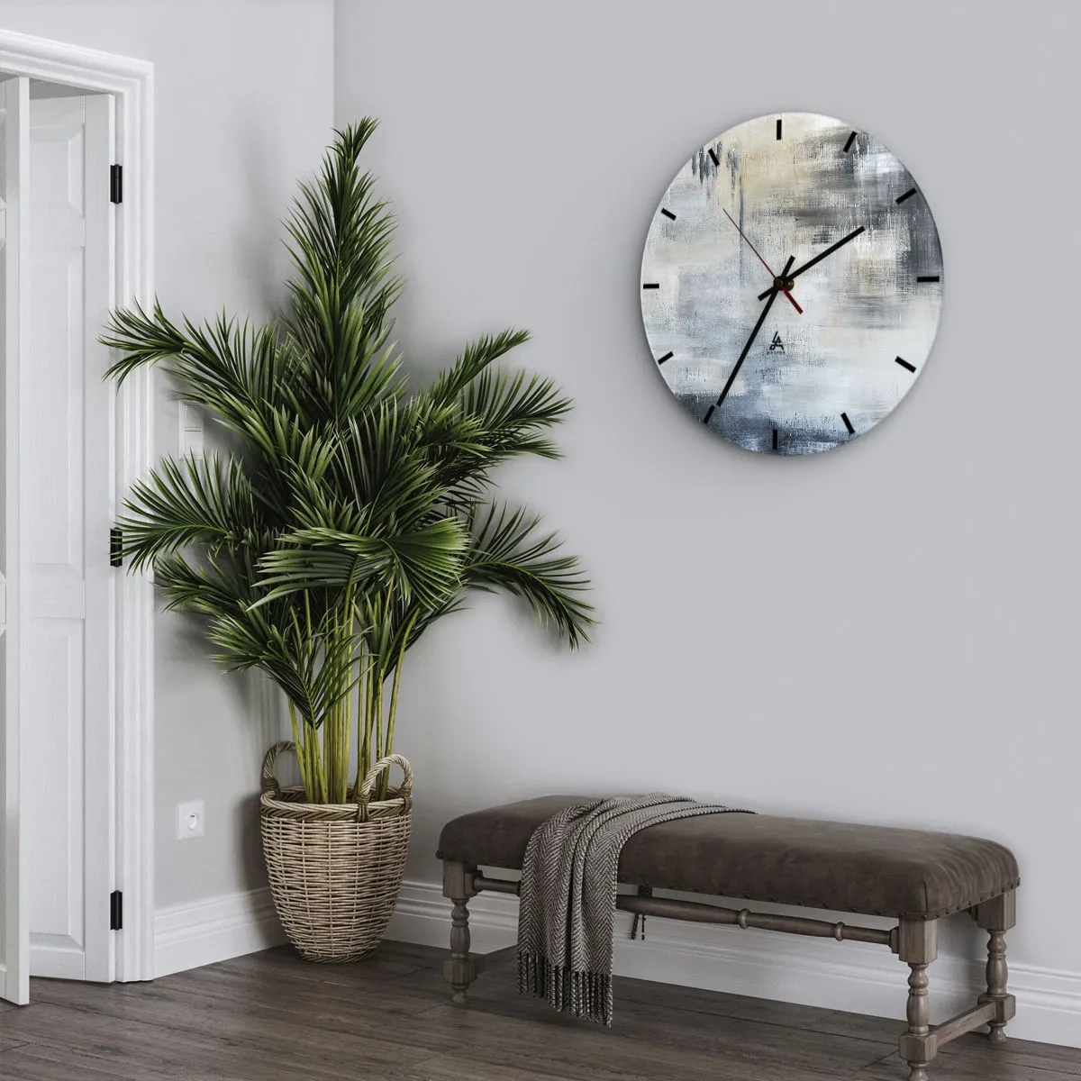 Zegar ścienny - Abstrakcyjna kompozycja w odcieniach szarości i beżu - 30x30cm - Za zasłoną błękitu - Nowoczesna dekoracja ścienna do salonu, kuchni i sypialni ARTTOR