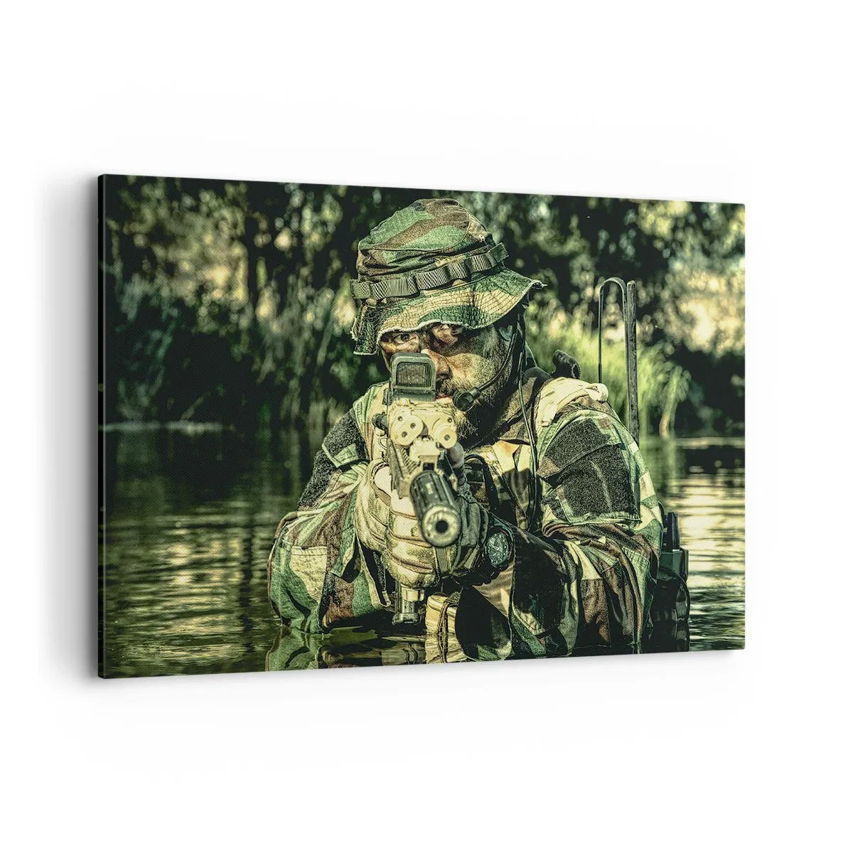 Obraz na płótnie - Żołnierz w kamuflażu celujący przez wodę - 100x70cm - Najlepszy z najlepszych - Nowoczesna dekoracja ścienna do salonu, kuchni i sypialni ARTTOR