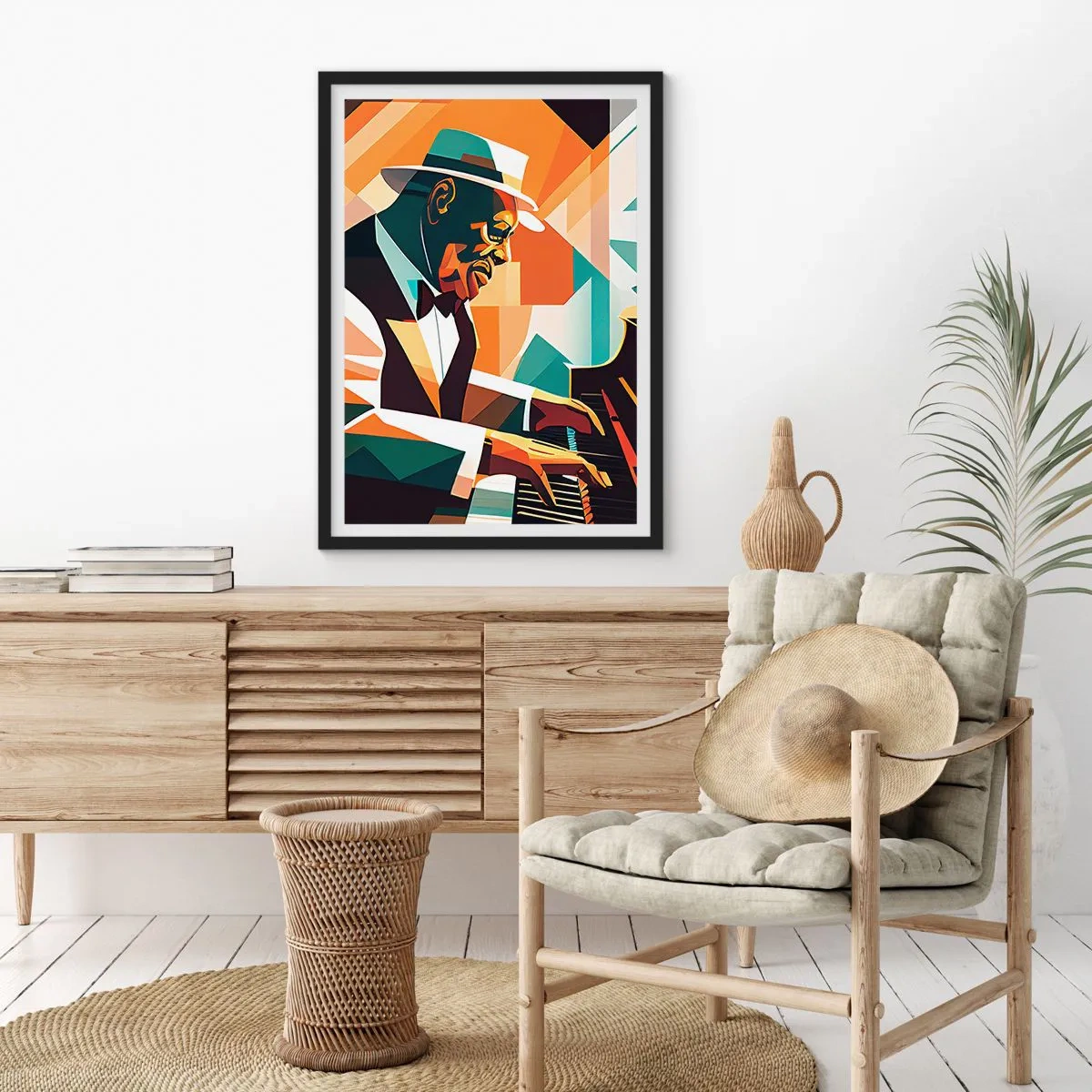 Plakat w czarnej ramie - Abstrakcyjny portret pianisty w stylu kubistycznym - 50x70cm - Cały ten jazz - Nowoczesna dekoracja ścienna do salonu i sypialni ARTTOR