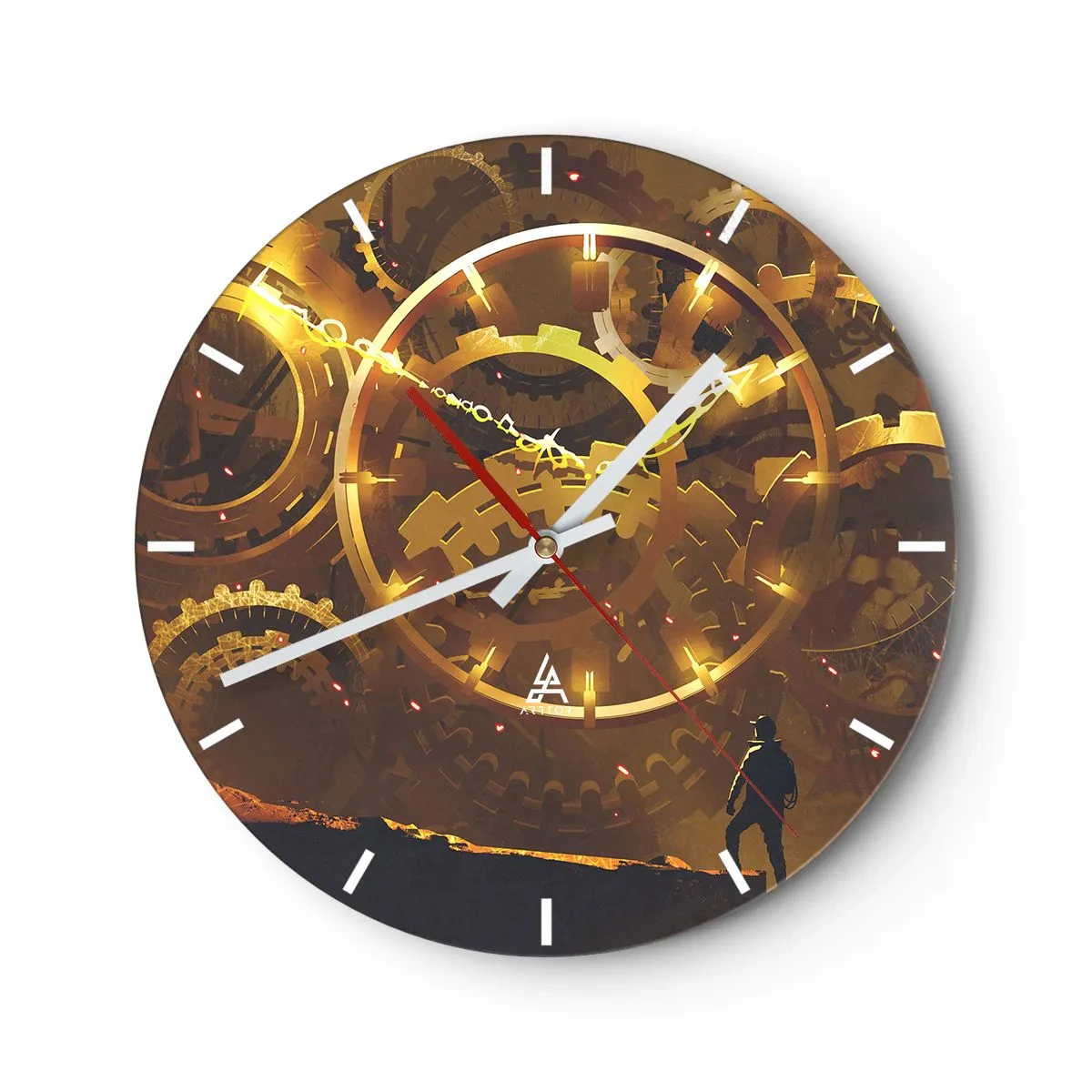 Zegar ścienny - Złote zębate koła w mechanicznym, industrialnym stylu - 30x30cm - U źródeł czasu - Nowoczesna dekoracja ścienna do salonu, kuchni i sypialni ARTTOR