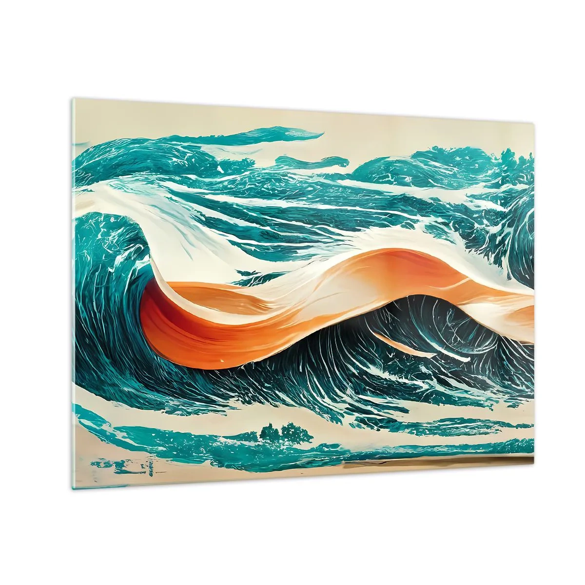 Obraz na szkle - Turkusowe fale z pomarańczową wstęgą w stylu surrealistycznym - 70x50cm - Sen surfera - Nowoczesna dekoracja ścienna do salonu i sypialni ARTTOR