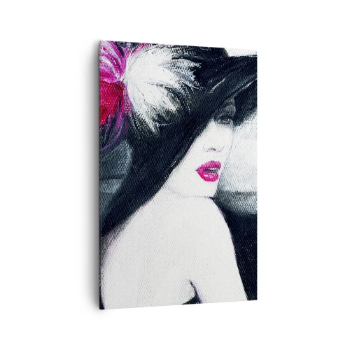 Obraz na płótnie - Stylowa kobieta w kapeluszu z piórami - 80x120cm - Zawsze tajemnica - Nowoczesna dekoracja ścienna do salonu i sypialni ARTTOR