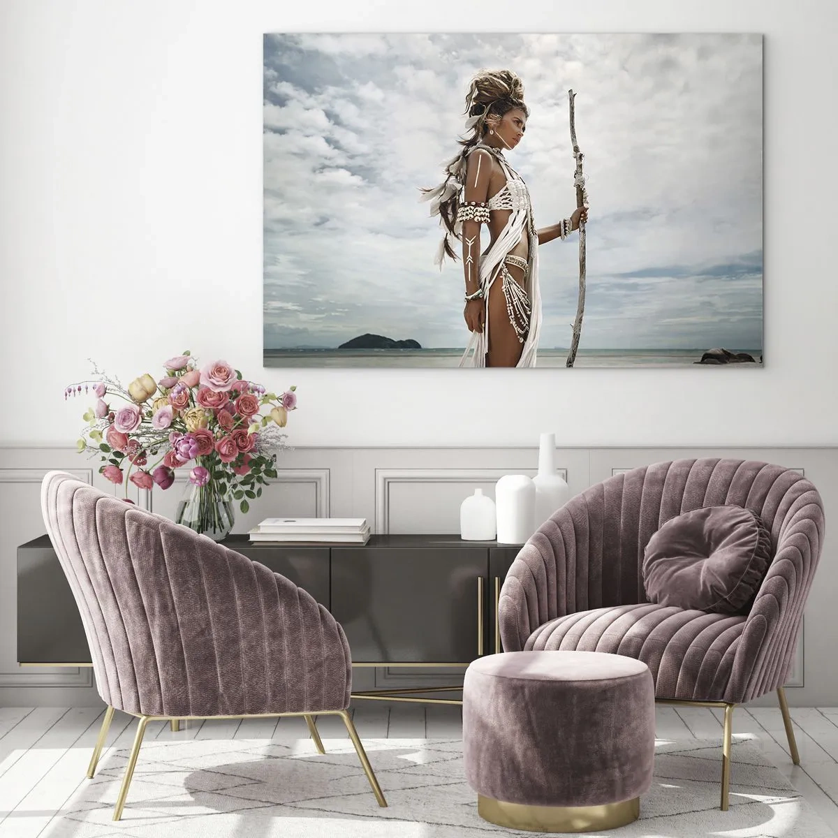 Obraz na szkle - Egzotyczna postać na tle plaży i nieba - 70x50cm - Królowa tropików - Nowoczesna dekoracja ścienna do salonu i sypialni ARTTOR