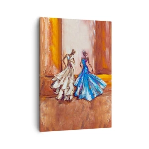 Obraz na płótnie - Dwie eleganckie kobiety w balowych sukniach na tle klasycznej architektury - 50x70cm - Wdzięczny duet - Nowoczesna dekoracja ścienna do salonu, kuchni i sypialni ARTTOR