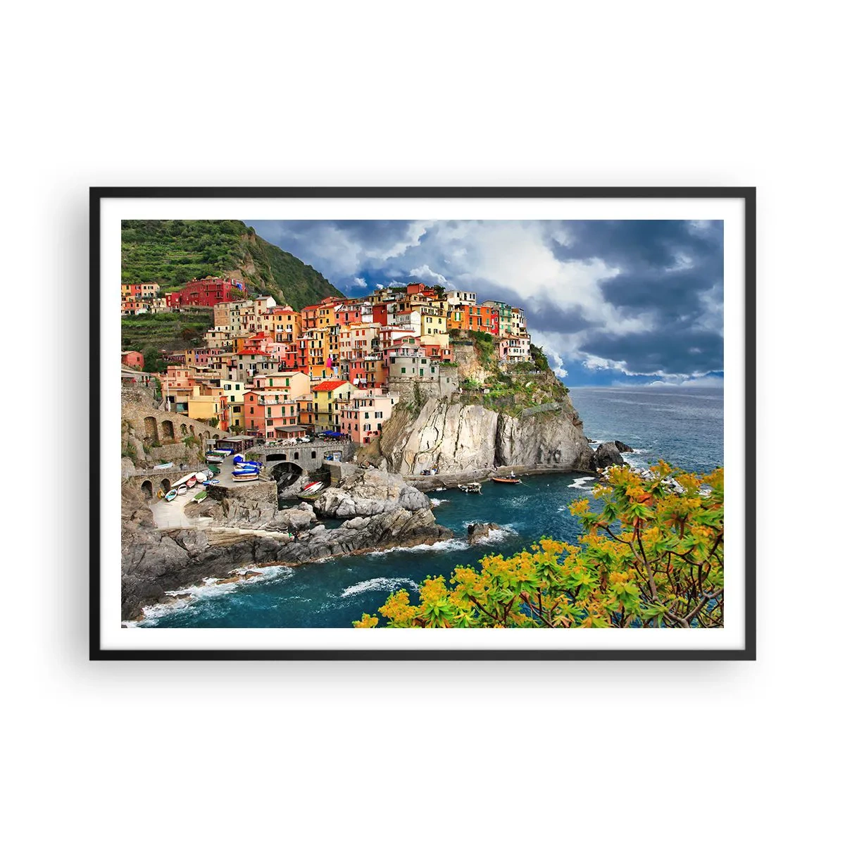 Plakat w czarnej ramie - Kolorowe domy na klifie nad brzegiem morza w Cinque Terre - 100x70cm - Gromadka przytulona do skał - Nowoczesna dekoracja ścienna do salonu i sypialni ARTTOR