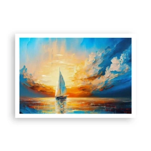 Plakat - Żaglówka na tle zachodzącego słońca i barwnych chmur - 100x70cm - Żegluga w złocie - Nowoczesna dekoracja ścienna do salonu i sypialni ARTTOR