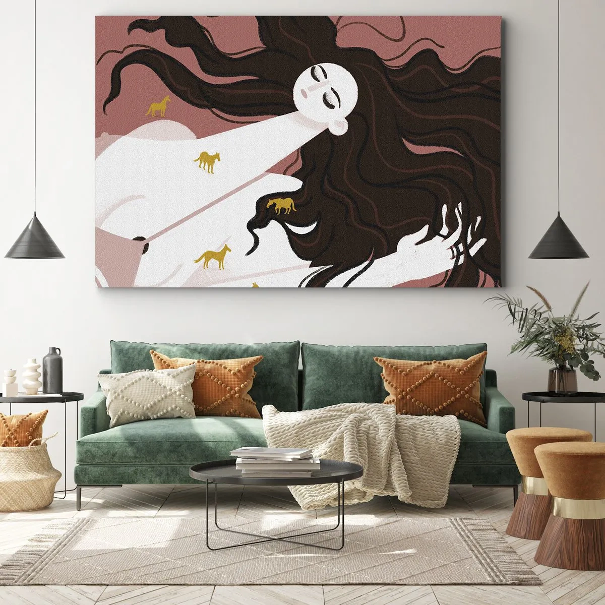 Obraz na płótnie - Postać z zamkniętymi oczami otoczona złotymi końmi - 70x50cm - Sen o złotym koniu - Nowoczesna dekoracja ścienna do salonu i sypialni ARTTOR