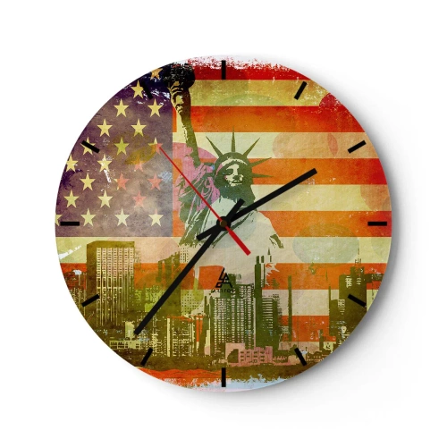 Zegar ścienny - Statua Wolności na tle flagi USA i miejskiego krajobrazu - 30x30cm - Viva America! - Nowoczesna dekoracja ścienna do salonu, kuchni i sypialni ARTTOR