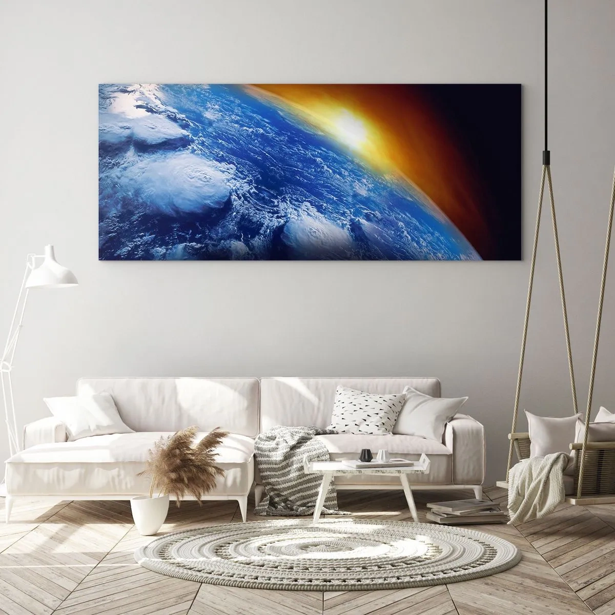 Obraz na szkle - Wschód słońca nad błękitną planetą - 100x40 cm