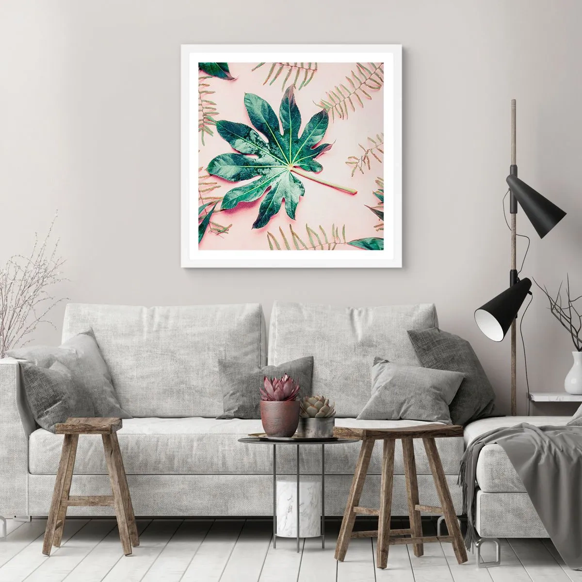 Plakat w białej ramie - Studium zieleni na różowym tle - 60x60 cm