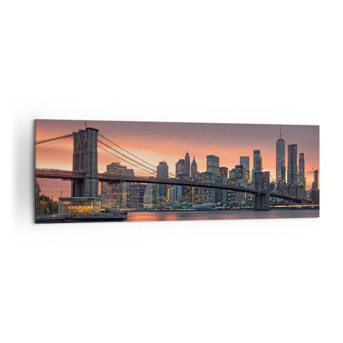 Obraz na płótnie - Nocna panorama miasta z mostem i podświetlonym niebem - 160x50cm - Zatopione w liliowej ciszy - Nowoczesna dekoracja ścienna do salonu i sypialni ARTTOR