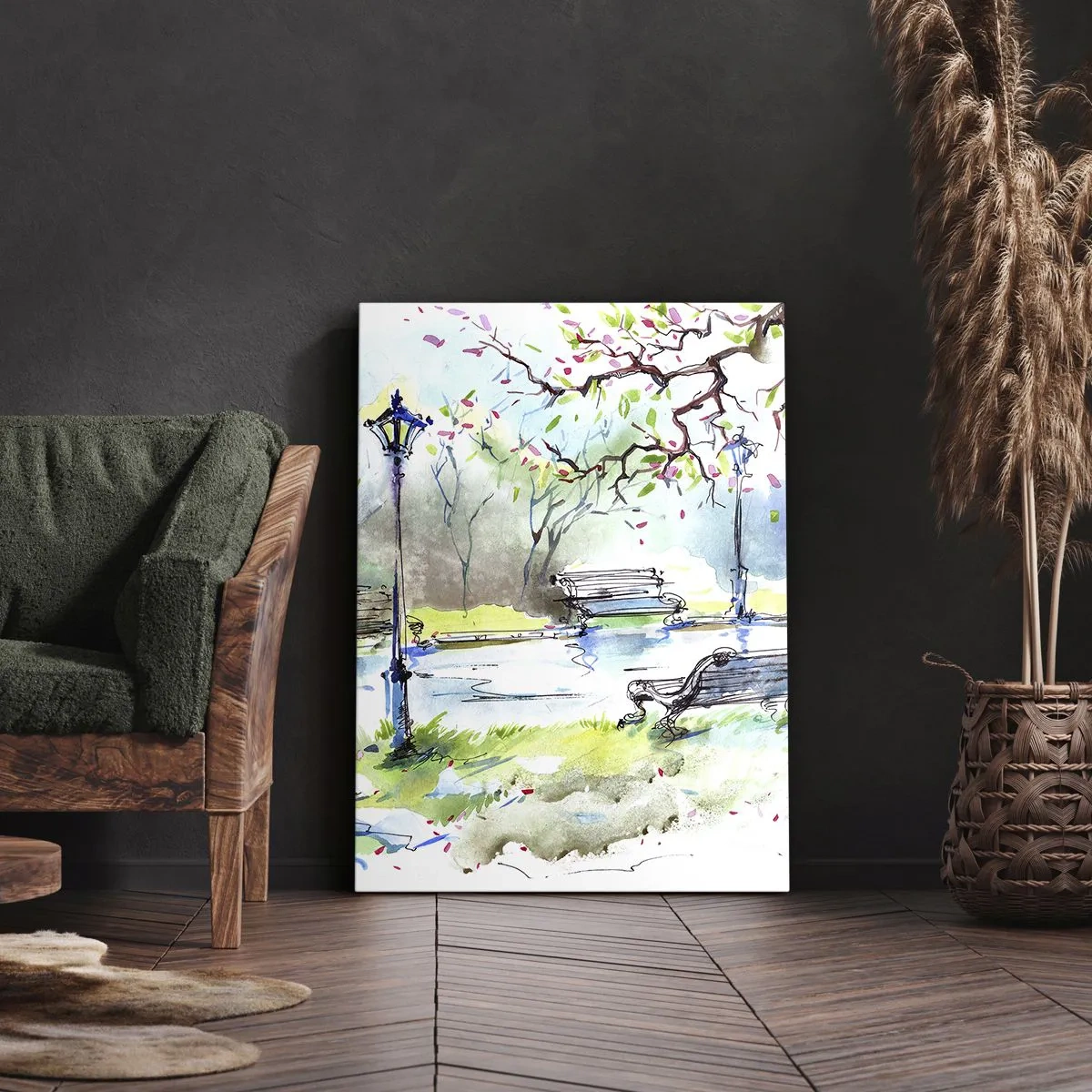 Obraz na płótnie - Akwarelowy park z ławkami, latarniami i stawem wiosną - 50x70cm - Czar parkowej ciszy - Nowoczesna dekoracja ścienna do salonu, kuchni i sypialni ARTTOR