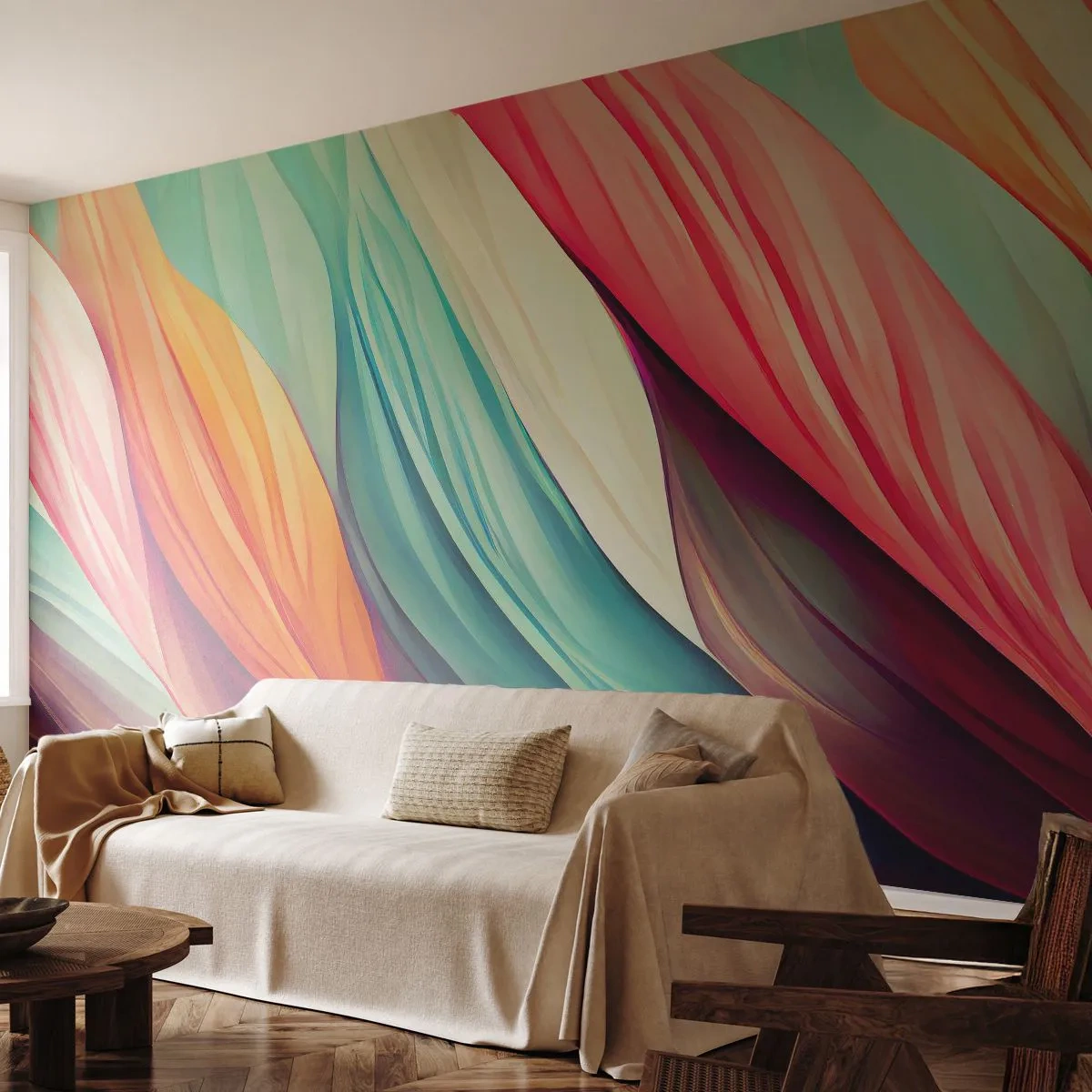 Fototapeta Premium Sand - Kolorowe fale w odcieniach tęczy i pastelowych barw - 100x70cm - Tęczowy splot - Nowoczesna dekoracja ścienna do salonu, kuchni i sypialni ARTTOR