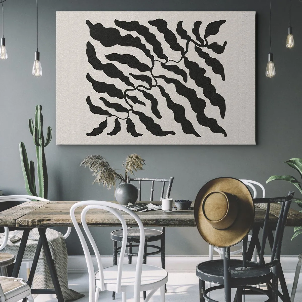 Obraz na płótnie - Gałązki z liśćmi w czerni na jasnym tle - 70x50cm - Natura kwadratu - Nowoczesna dekoracja ścienna do salonu i sypialni ARTTOR