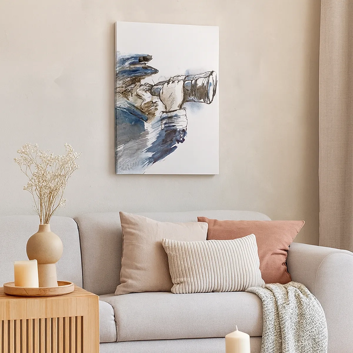 Obraz na płótnie - Postać mężczyzny z lornetką, malowana akwarelą w odcieniach brązu i niebieskiego - 50x70cm - Dziesięć w skali Beauforta! - Nowoczesna dekoracja ścienna do salonu, kuchni i sypialni ARTTOR