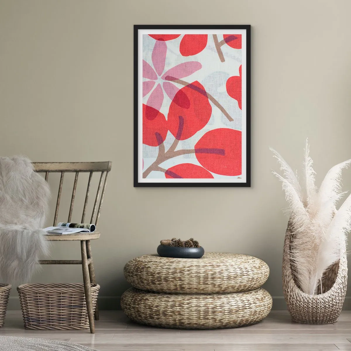 Plakat w czarnej ramie - Botaniczna kompozycja liści i kwiatów w czerwieni - 50x70cm - Kompozycja kwiatowa w różu - Nowoczesna dekoracja ścienna do salonu i sypialni ARTTOR