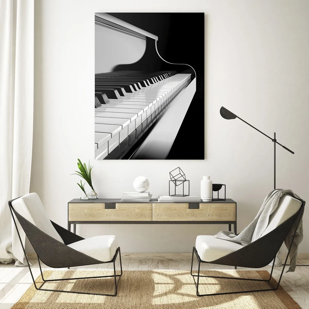 Obraz na szkle - Fortepianowe klawisze w eleganckim czarno-białym ujęciu - 80x120cm - Harmonia kształtów i barw - Nowoczesna dekoracja ścienna do salonu i sypialni ARTTOR