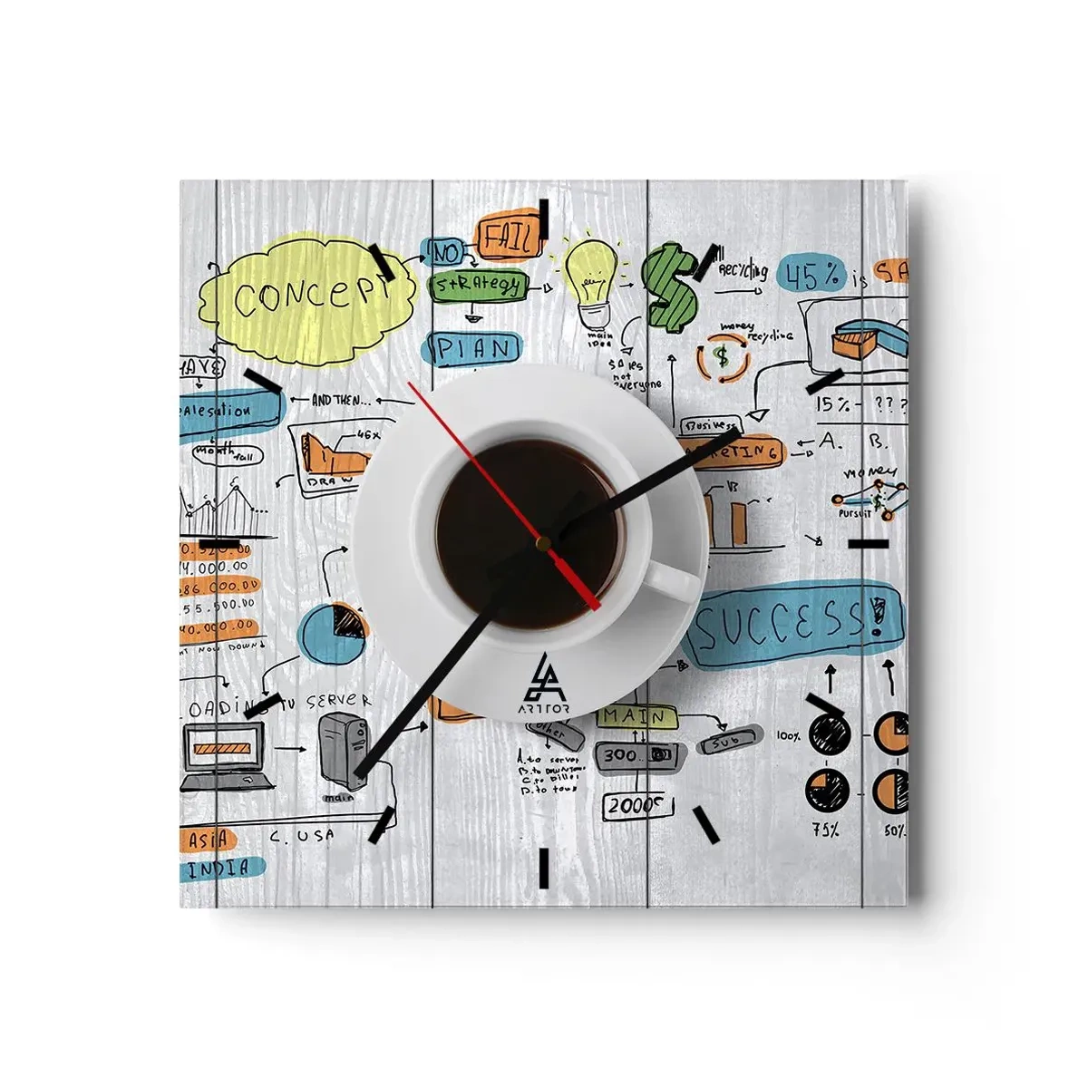 Zegar ścienny - Filiżanka kawy na tle rysunkowego planu koncepcyjnego - 30x30cm - Czas na przerwę - Nowoczesna dekoracja ścienna do salonu i sypialni ARTTOR