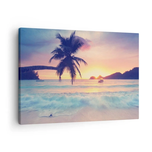 Obraz na płótnie - Plaża z palmą i zachodem słońca nad oceanem - 70x50cm - Wieczór w zatoce - Nowoczesna dekoracja ścienna do salonu i sypialni ARTTOR