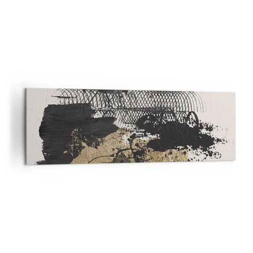 Obraz na płótnie - Abstrakcyjny obraz w czerni i złocie z dynamicznymi liniami i strukturami - 160x50cm - Kompozycja z pasją - Nowoczesna dekoracja ścienna do salonu i sypialni ARTTOR