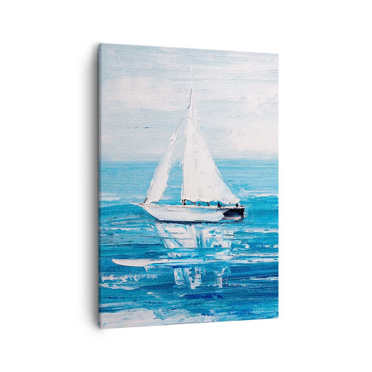 Obraz na płótnie - Biała żaglówka na spokojnym, błękitnym morzu w malarskim stylu - 50x70cm - Z przyjacielem u boku - Nowoczesna dekoracja ścienna do salonu, kuchni i sypialni ARTTOR
