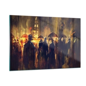 Obraz na szkle - Tłum z parasolami w deszczu na tle miejskich świateł - 120x80cm - Wyznawcy deszczu - Nowoczesna dekoracja ścienna do salonu, kuchni i sypialni ARTTOR