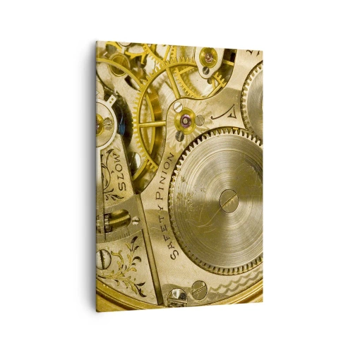 Obraz na płótnie - Mechanizm zegarka z widocznymi zębatkami i detalami - 70x100cm - Idź z duchem czasu - Nowoczesna dekoracja ścienna do salonu i sypialni ARTTOR