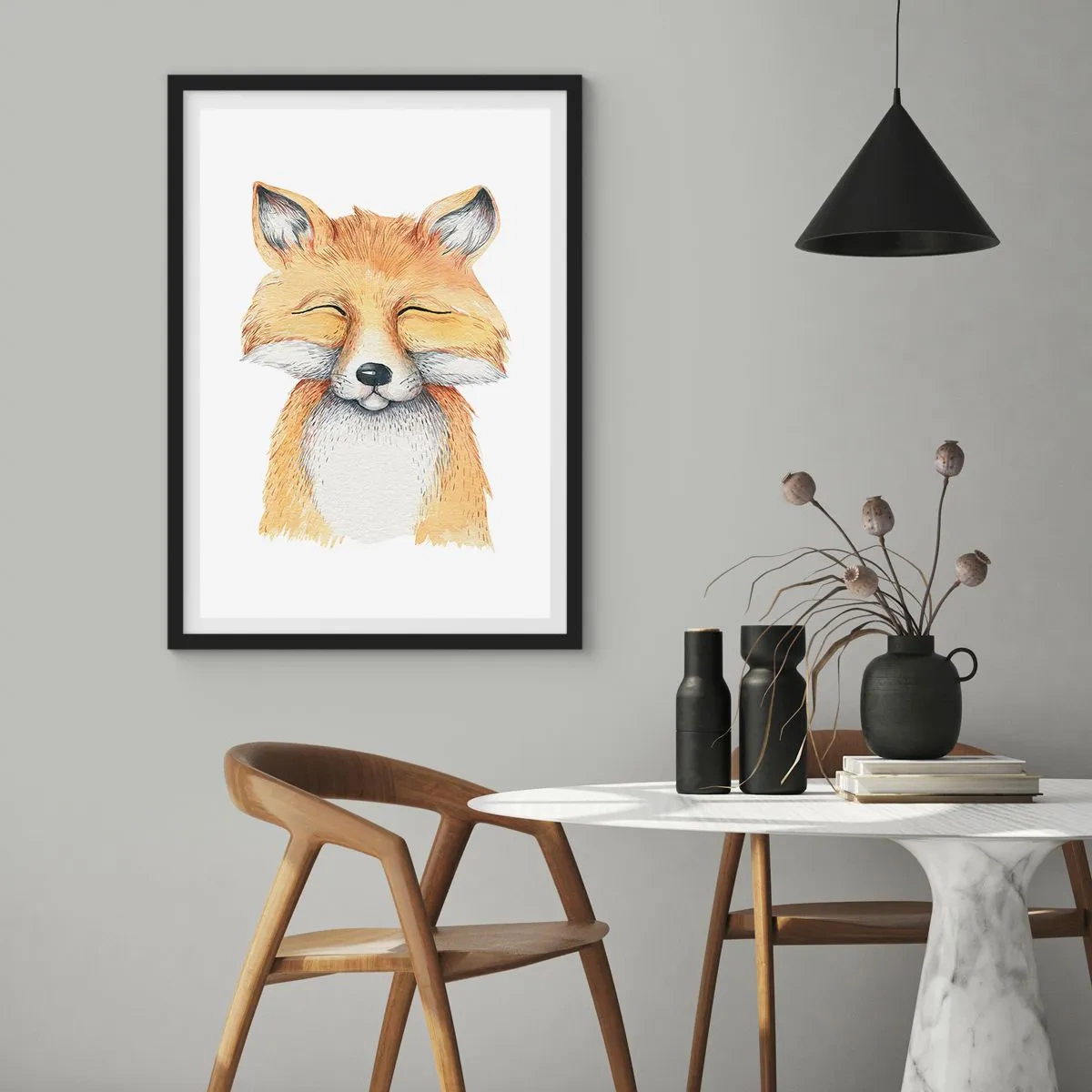 Plakat w czarnej ramie - Lisie humory - Uroczy rysunek uśmiechniętego lisa w delikatnych kolorach - 50x70cm