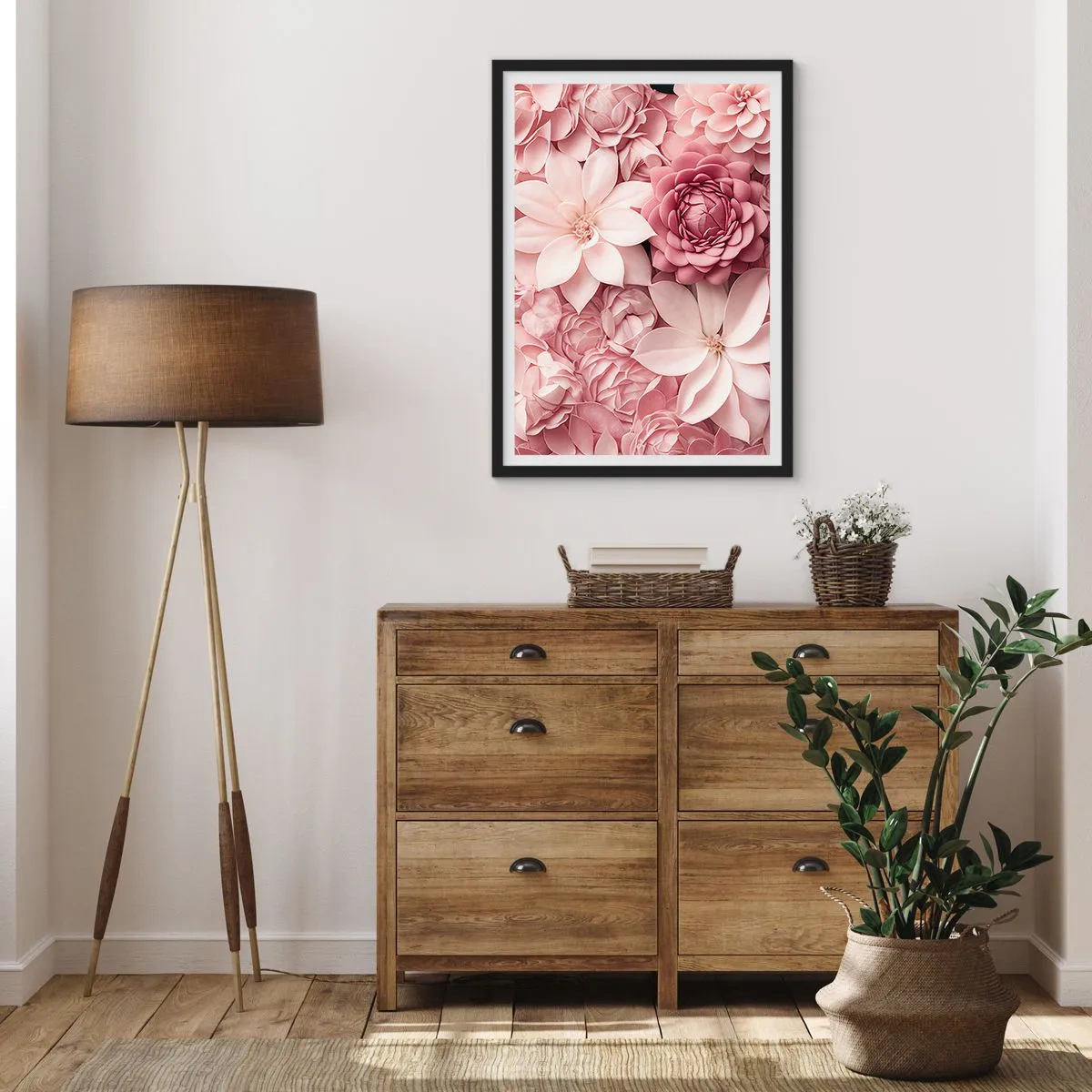 Plakat w czarnej ramie - Różowe kwiaty w eleganckiej kompozycji - 50x70cm - W różowych płatkach - Nowoczesna dekoracja ścienna do salonu i sypialni ARTTOR