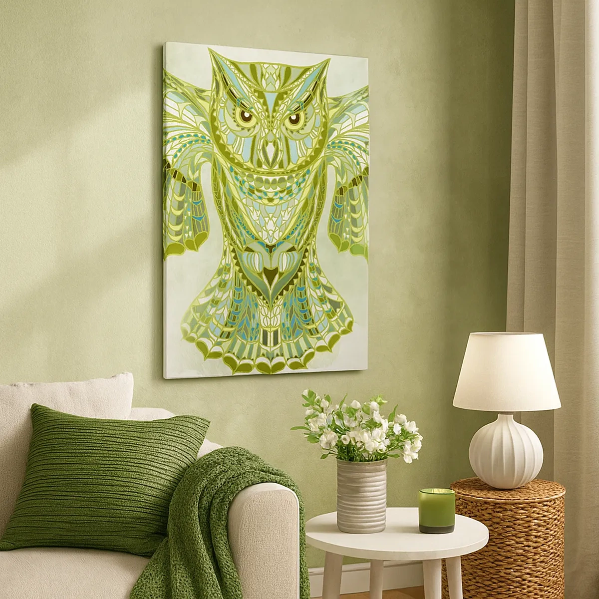 Obraz na płótnie - Abstrakcyjna sowa w odcieniach zieleni i błękitu, stworzona z geometrycznych kształtów - 50x70cm - Z celtyckiego świętego gaju - Nowoczesna dekoracja ścienna do salonu, kuchni i sypialni ARTTOR