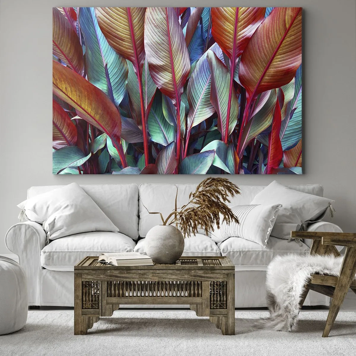 Obraz na płótnie - Kolorowe liście tropikalnych roślin w gąszczu - 70x50cm - Kolorowy gąszcz - Nowoczesna dekoracja ścienna do salonu i sypialni ARTTOR