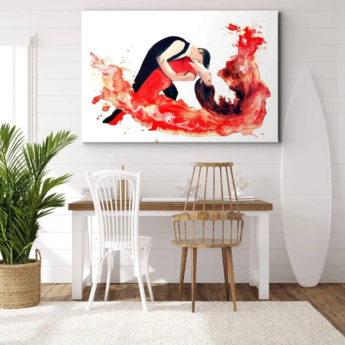 Obraz na płótnie - Dynamiczna akwarela tańczącej pary w czerwonych barwach - 120x80cm - Tango - zmysłowa fala - Nowoczesna dekoracja ścienna do salonu, kuchni i sypialni ARTTOR