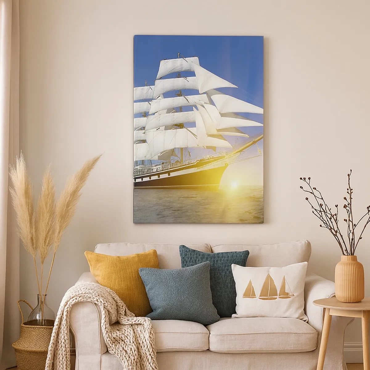 Obraz na płótnie - Wielki żaglowiec z białymi żaglami na tle błękitnego nieba i zachodzącego słońca - 50x70cm - Ich czas nigdy nie przeminie - Nowoczesna dekoracja ścienna do salonu, kuchni i sypialni ARTTOR