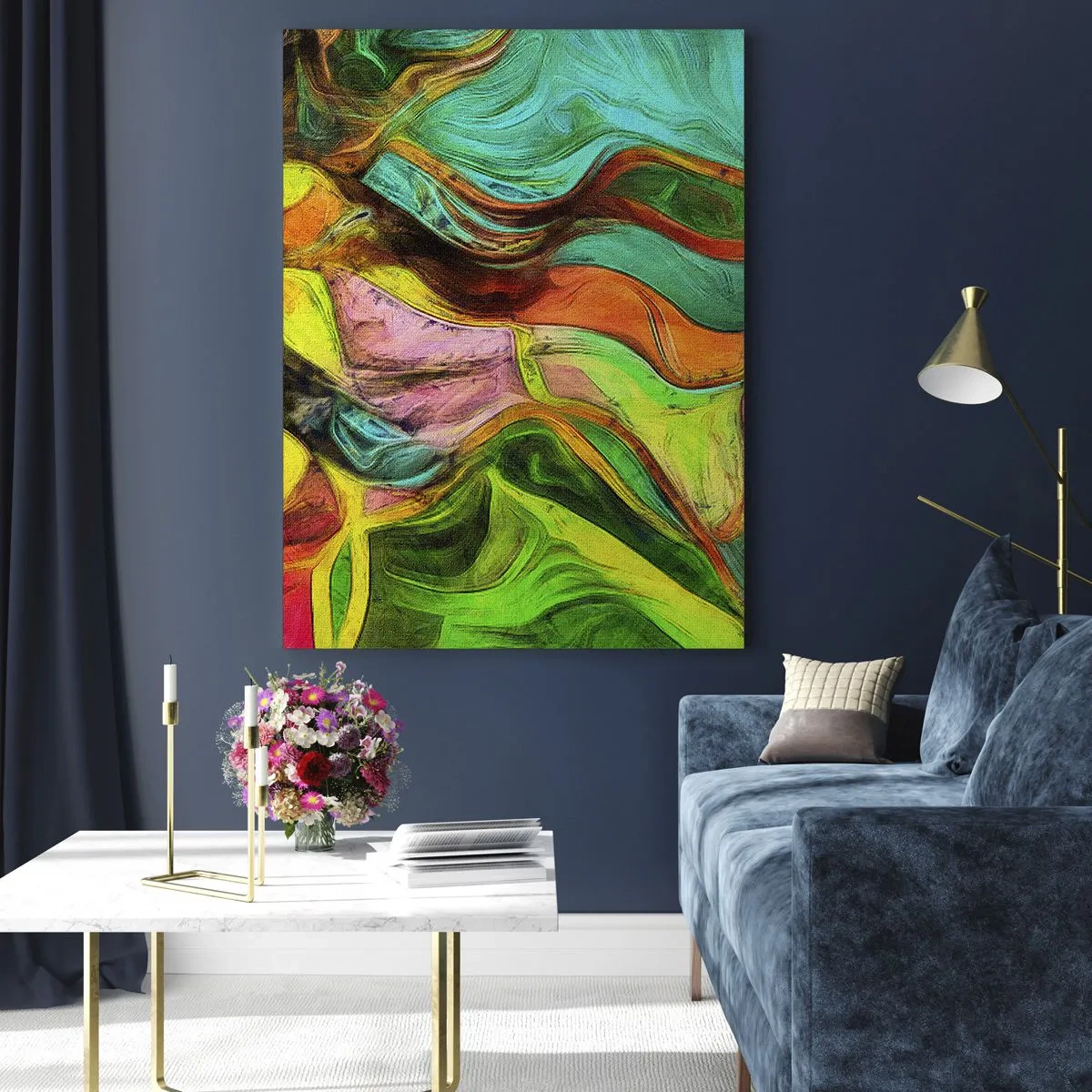 Obraz na szkle - Abstrakcyjna kompozycja z intensywnymi, wielobarwnymi falami - 50x70cm - Ruch to życie - Nowoczesna dekoracja ścienna do salonu, kuchni i sypialni ARTTOR
