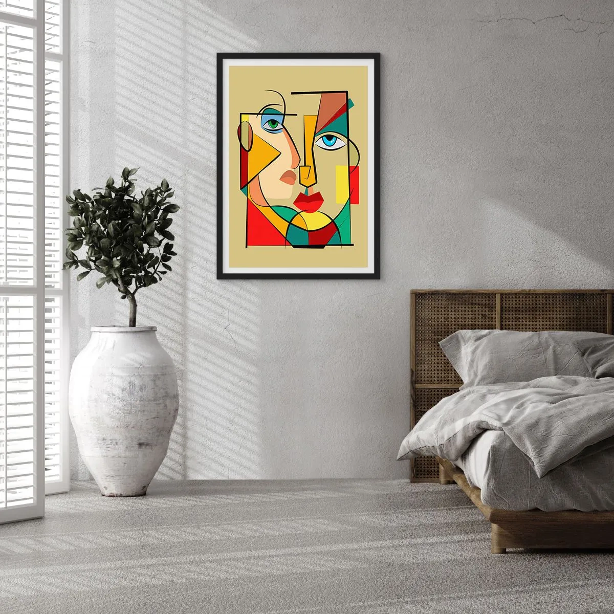 Plakat w czarnej ramie - Kubistyczny portret w intensywnych kolorach - 50x70cm - Dobrana para - Nowoczesna dekoracja ścienna do salonu i sypialni ARTTOR
