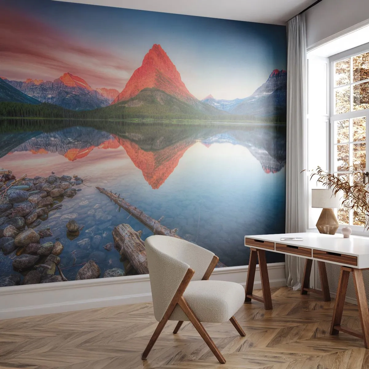 Fototapeta Premium Sand - Górski krajobraz z odbiciem w jeziorze - 100x70cm - Żar i chłód - Nowoczesna dekoracja ścienna do salonu, kuchni i sypialni ARTTOR
